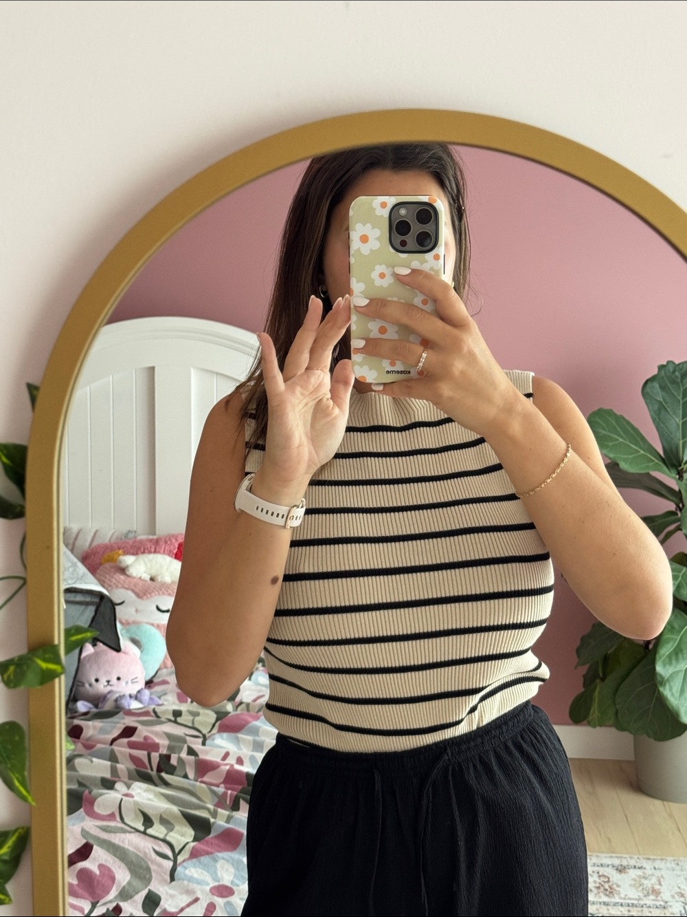 Striped Sleeveless Knit Tank Top - Cream & Black
